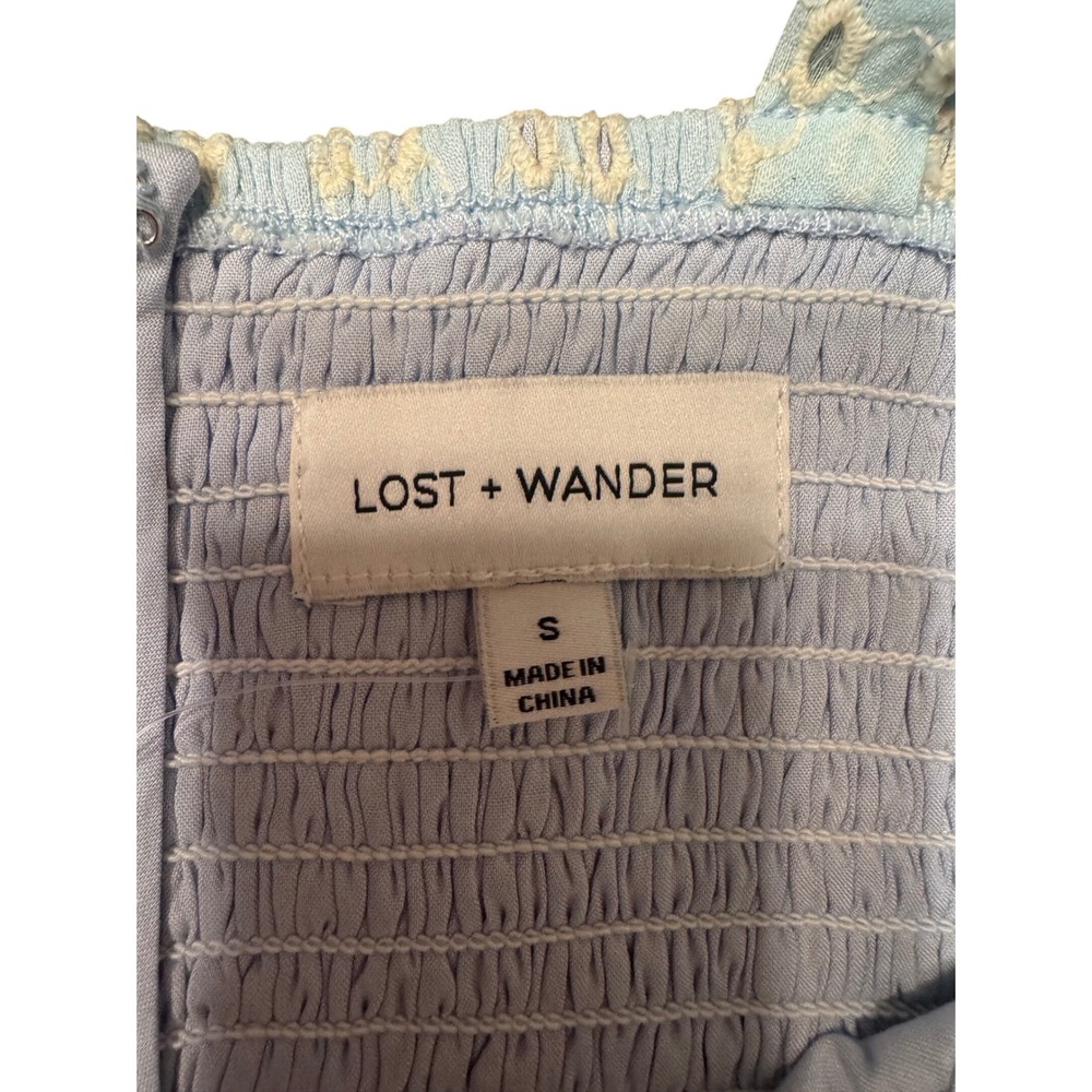Lost + Wander Blissful Blues Mini Dress Eyelet‎ Ruffle Tie Strap Smocked Blue - Picture 3 of 10
